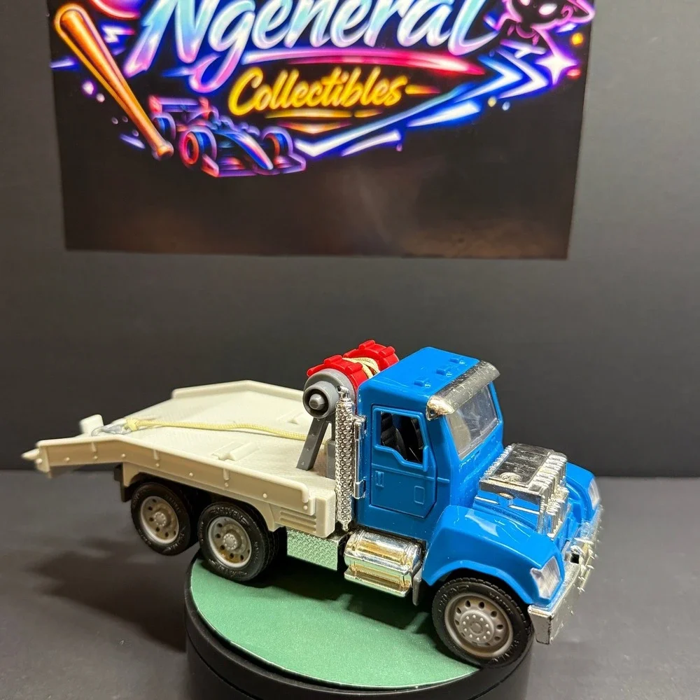 Vintage Blue Diecast Flatbed Tow Truck Wrecker Toy Chrome Accents 6-Wheel Semi